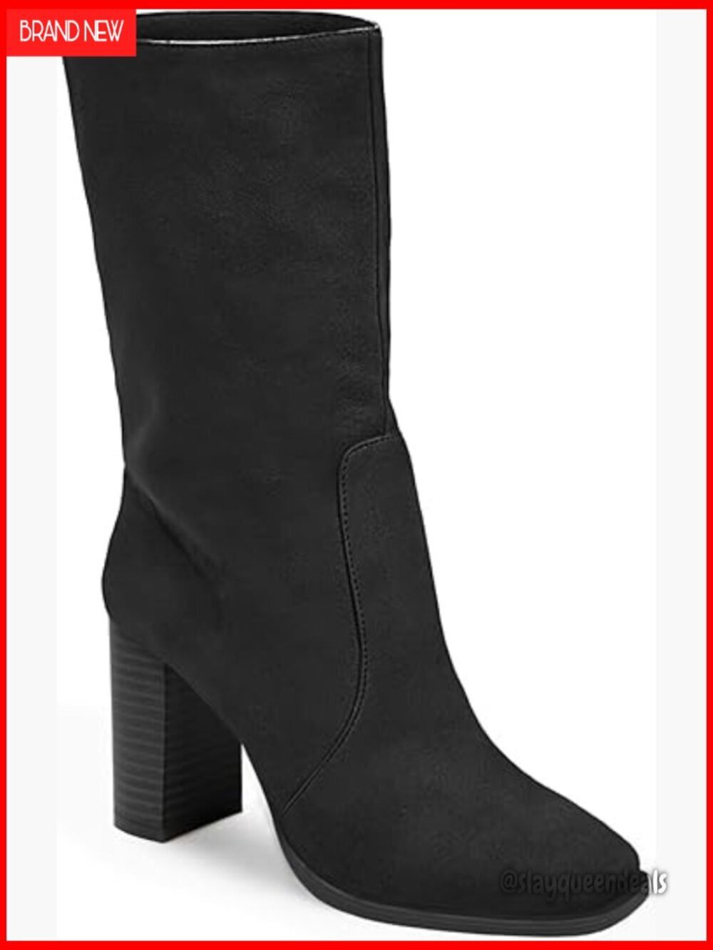 Women's Mid-Calf Boots Chunky Stacked Heel Square Toe Side Zipper Suede